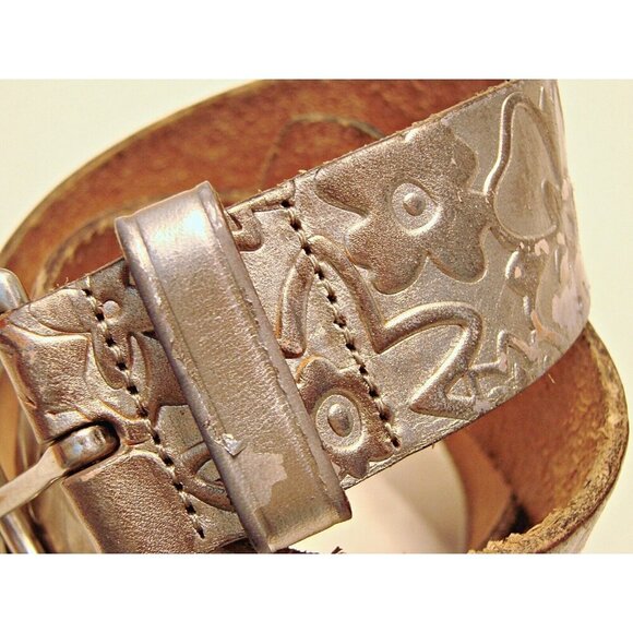 Fossil Bronze Metallic Floral Stamp Genuine Leather Belt Boho Dress Western Sz L - Picture 3 of 12